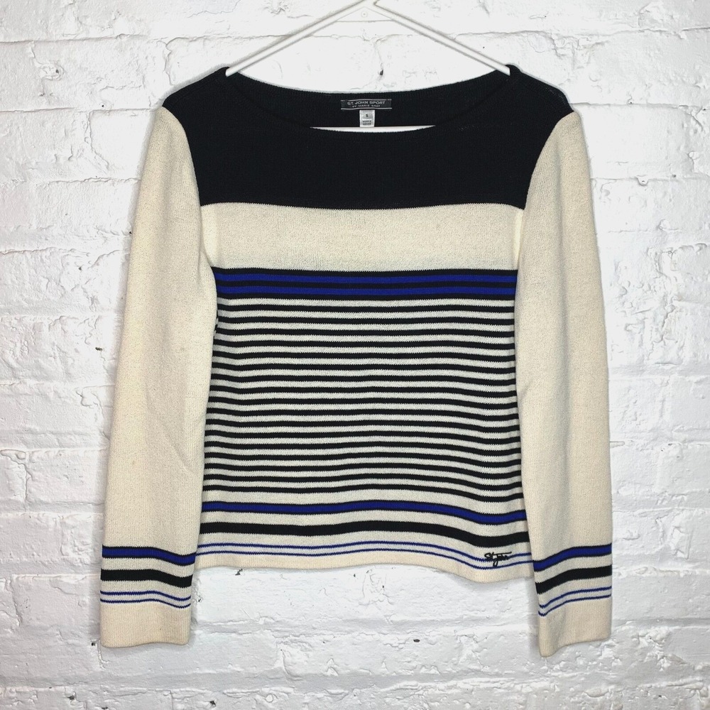 St. John Sport By Marie Gray Wool Blend Cream Blue Black Stripe Sweater Sz Small - Picture 1 of 4